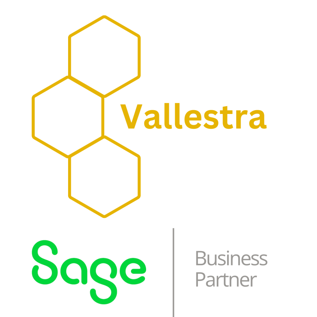 Logo of Vallestra, featuring yellow hexagons and the text 'Vallestra', alongside the Sage logo in green with 'Business Partner' label.